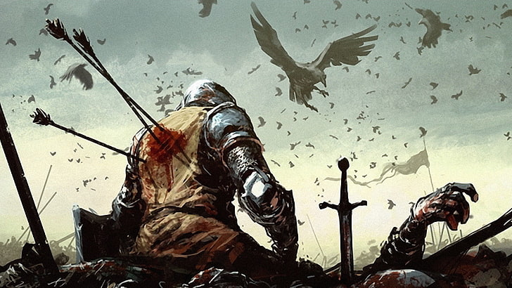 ilustração de cavaleiro, papel de parede do jogo Assassin's Creed, obra de arte, setas, morte, corvo, soldado, guerreiro, caos, pintura, guerra, cavaleiro, arte da fantasia, sangue, HD papel de parede