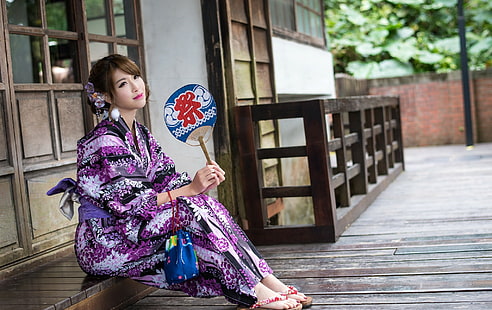 Азиатски, жени на открито, къща, рокля, седнало, японско кимоно, кестенява коса, поглед встрани, жени, HD тапет HD wallpaper