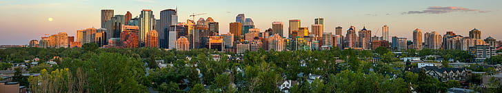 panoramic view of city buildings, calgary, calgary, Calgary, Explored, view, city, buildings, pano, skyline, Alberta, Canada, CA, Moon, cityscape, summer, architecture, urban Skyline, skyscraper, downtown District, urban Scene, uSA, building Exterior, built Structure, sunset, HD wallpaper