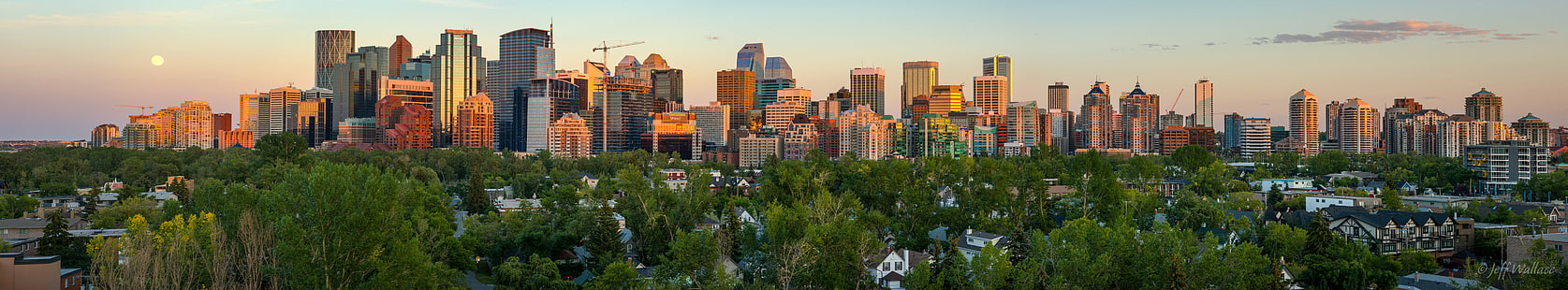 panoramic view of city buildings, calgary, calgary, Calgary, Explored, view, city, buildings, pano, skyline, Alberta, Canada, CA, Moon, cityscape, summer, architecture, urban Skyline, skyscraper, downtown District, urban Scene, uSA, building Exterior, built Structure, sunset, HD wallpaper HD wallpaper