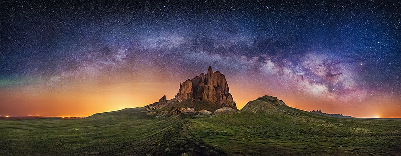 природа, фотография, пейзаж, Млечный Путь, звездная ночь, скалы, огни, галактика, длительная выдержка, Нью-Мексико, HD обои HD wallpaper