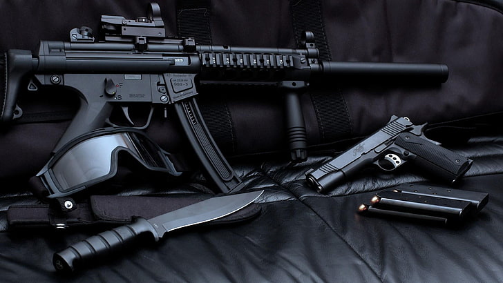 بندقية ، نظارات واقية ، بندقية النار ، الرصاص ، سكين ، أسود، خلفية HD