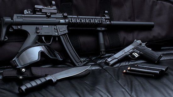 пушка, очила, изстрел, пистолети, куршуми, нож, черно, HD тапет HD wallpaper