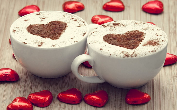 Mood Cups Cappuccino Hearts, белые керамические кофейные кружки, Love, красный, природа, сердце, еда, капучино, HD обои