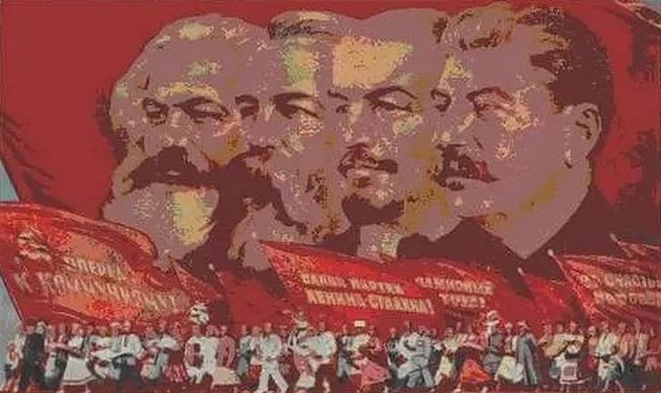 communism, Karl Marx, USSR, Engels, Vladimir Lenin, Joseph Stalin, red background, hammer and sickle, socialism, Russian, painting, HD wallpaper