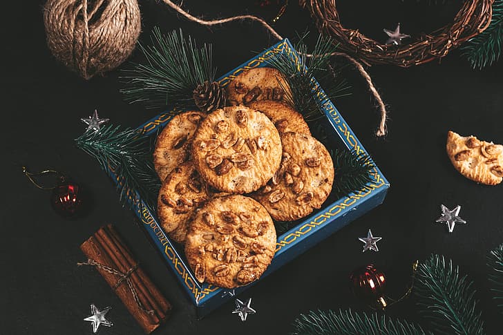 balls, branches, box, cookies, Christmas, New year, stars, cinnamon, twine, HD wallpaper