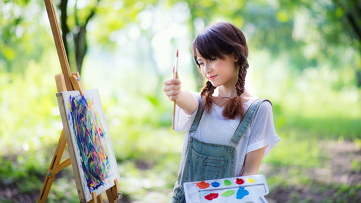 women, brunette, Asian, long hair, women outdoors, painting, painters, nature, jeans, T-shirt, trees, depth of field, abstract, thumbs up, paintbrushes, easel, pigtails, HD wallpaper