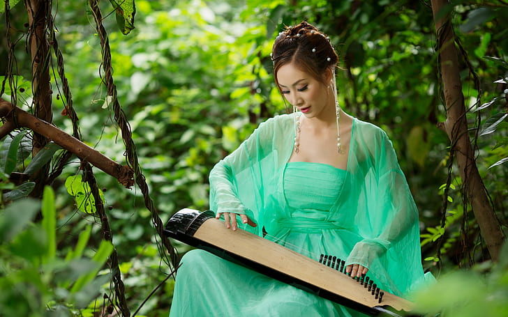 Asian girl playing the zither, Asian, Girl, Playing, Zither, HD wallpaper