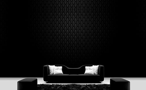 Czarny design wnętrza, czarna 2-osobowa sofa, Czarno-biały, Czarny, Design, Wnętrze, Tapety HD HD wallpaper