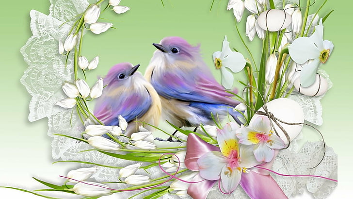 Птици, птици, артистични, цветове, гнездо, лилаво, пролет, HD тапет