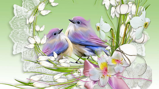 Птици, птици, артистични, цветове, гнездо, лилаво, пролет, HD тапет HD wallpaper
