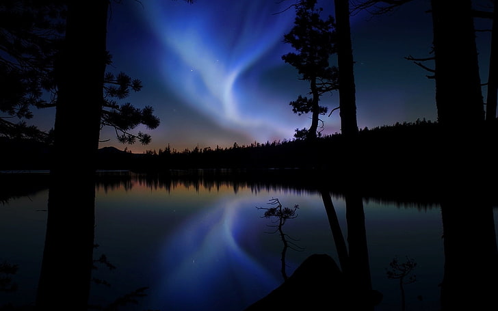 แสงขั้วโลก, ท้องฟ้ายามค่ำคืน, เรืองแสง, แสง, ทะเลสาบ, โครงร่าง, วอลล์เปเปอร์ HD
