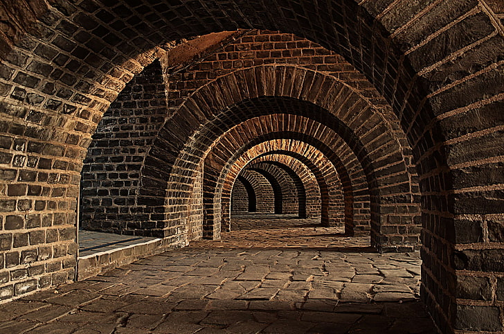 arches, architecture, building, hallway, stones, vaulted cellar, HD wallpaper