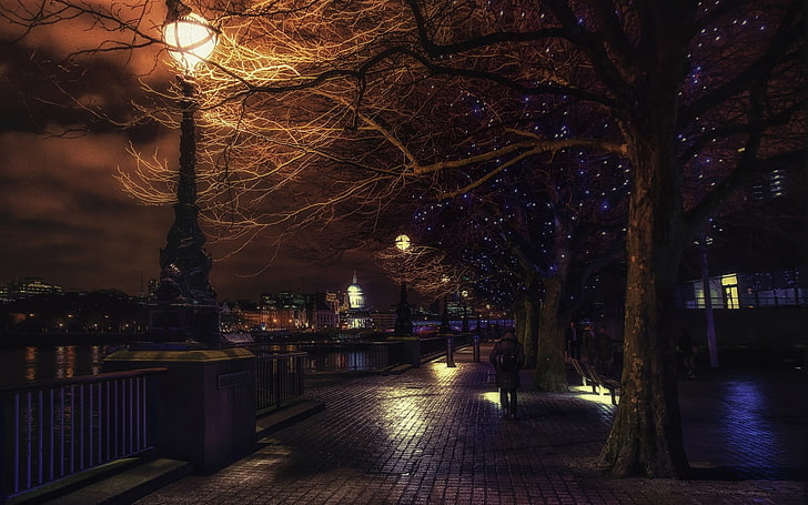 black post lamp, landscape, urban, lantern, London, England, river, trees, night, clouds, Christmas ornaments, architecture, cobblestone, street light, HD wallpaper