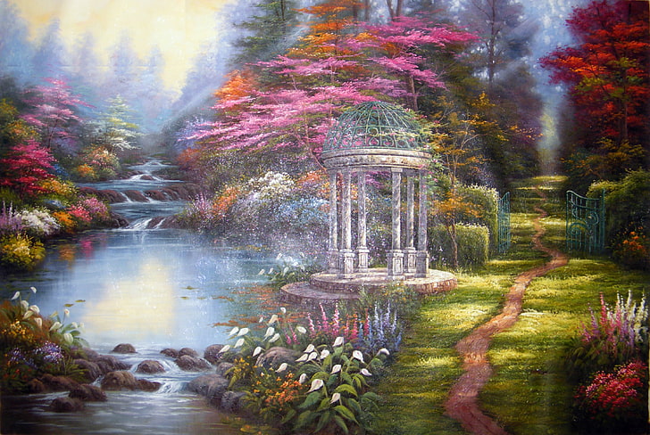 white gazebo painting, flowers, picture, river, painting, gazebo, path, Thomas Kinkade, The Garden of Prayer, HD wallpaper