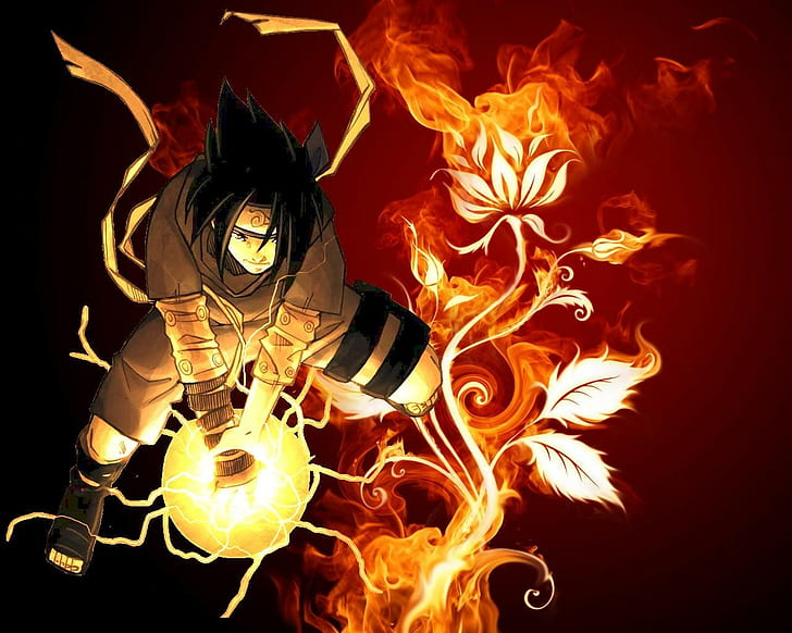 uchiha sasuke flowers fire, HD wallpaper