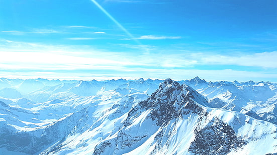 gunung putih dan coklat, pegunungan, lanskap, biru, alam, langit, salju, awan, Gunung Everest, Wallpaper HD HD wallpaper
