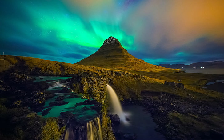 كيركوفيل ، أيسلندا ، أيسلندا ، الشفق ، الجبال ، المناظر الطبيعية ، الشلال ، الصخور ، كيركجوفيل، خلفية HD