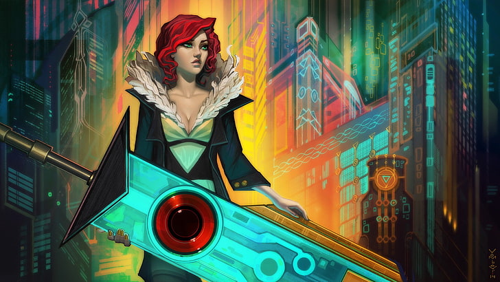 рыжеволосая женщина, держащая футуристический большой меч, цифровые обои, транзистор, красный (транзистор), HD обои