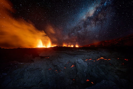 lava, landscape, volcano, eruption, sky, lava, island, smoke, night, rocks, fire, HD wallpaper HD wallpaper