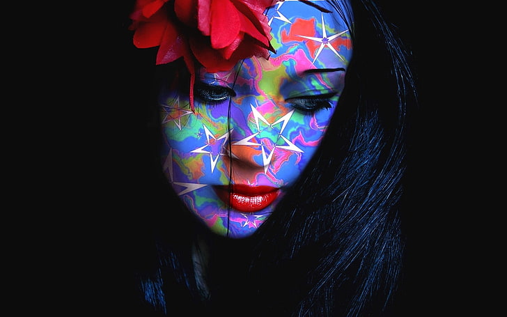 mujer, colorido, flor en el cabello, rostro, pintalabios rojo, pintura facial, cabello negro, Fondo de pantalla HD