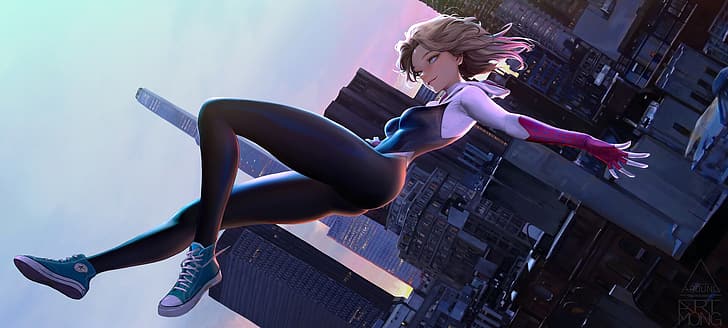Artmong, drawing, Spider Gwen, blonde, sneakers, cityscape, HD wallpaper