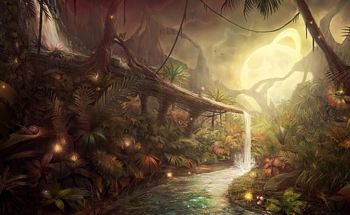 Fantastica giungla, pittura digitale di alberi e fiumi, Artistica, Fantasia, Giungla, fantastica, Sfondo HD HD wallpaper