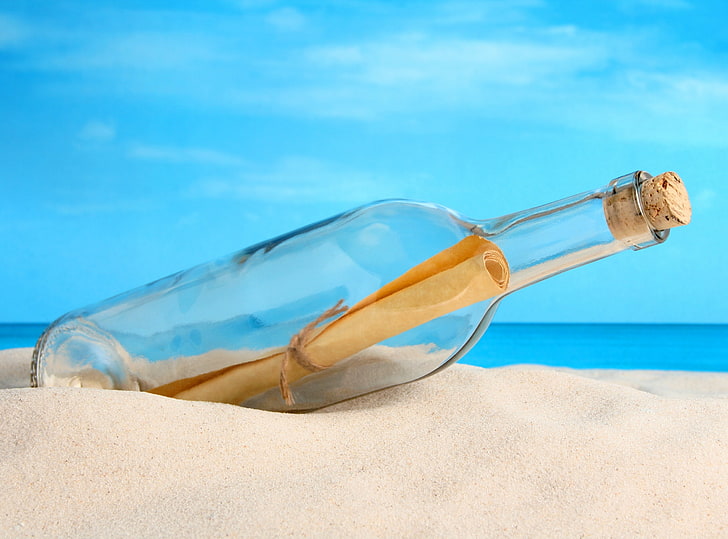 زجاجة رسالة ، زجاجة زجاجية شفافة ، مواسم ، صيف ، شاطئ ، زجاجة ، سر ، رسالة، خلفية HD