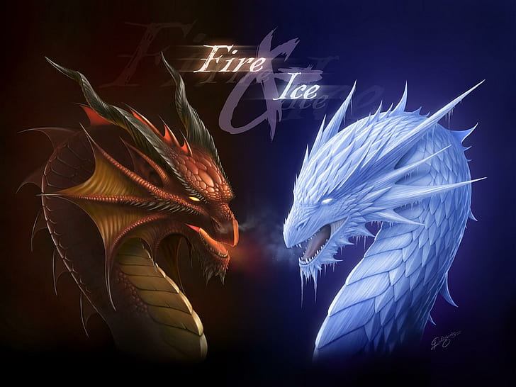 Fantasía dragón fuego hielo, fantasía, dragón, fuego, Fondo de pantalla HD
