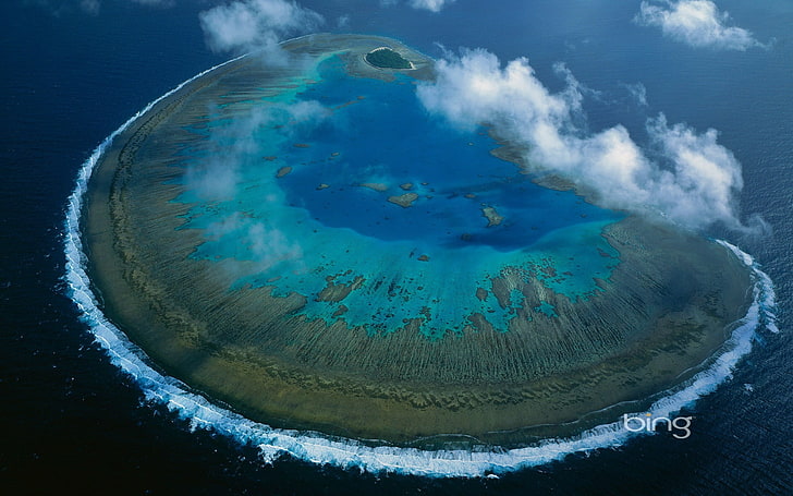 fotografia aérea da ilha, céu, mar, água, coral, HD papel de parede