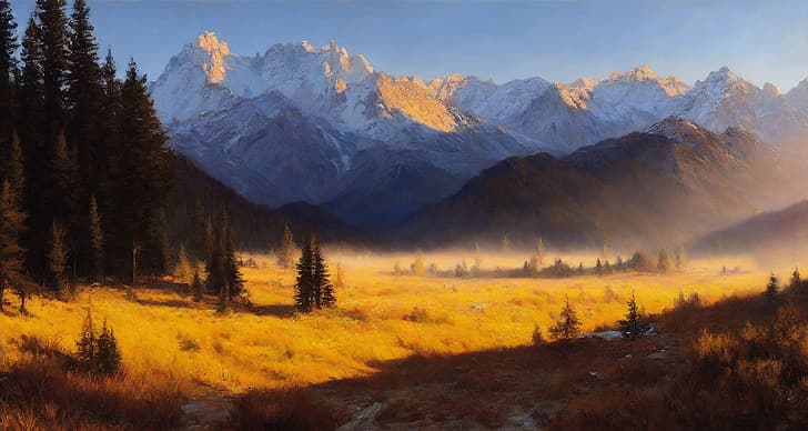 AI-generated, AI, AI art, landscape, golden hour, mountains, painting, trees, HD wallpaper