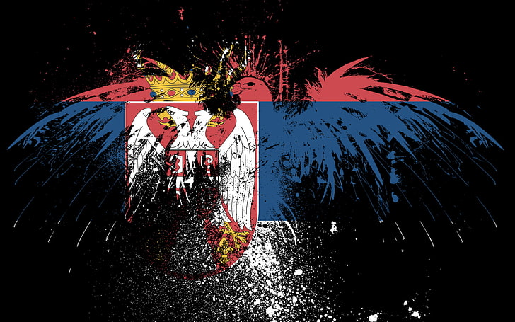 biru, merah, dan lukisan abstrak hitam, elang, bendera, saudara, Serbia, bendera Serbia, bendera Serbia, Wallpaper HD
