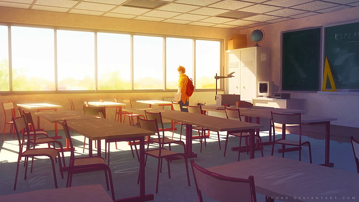 meja kayu coklat persegi panjang dengan empat set kursi makan, sekolah, anime, sendiri, kelas kosong, ruang kelas, Wallpaper HD