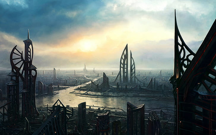 futuristico, città, alta tecnologia, fantascienza, alieni, mondo alieno, città futuristica, Sfondo HD