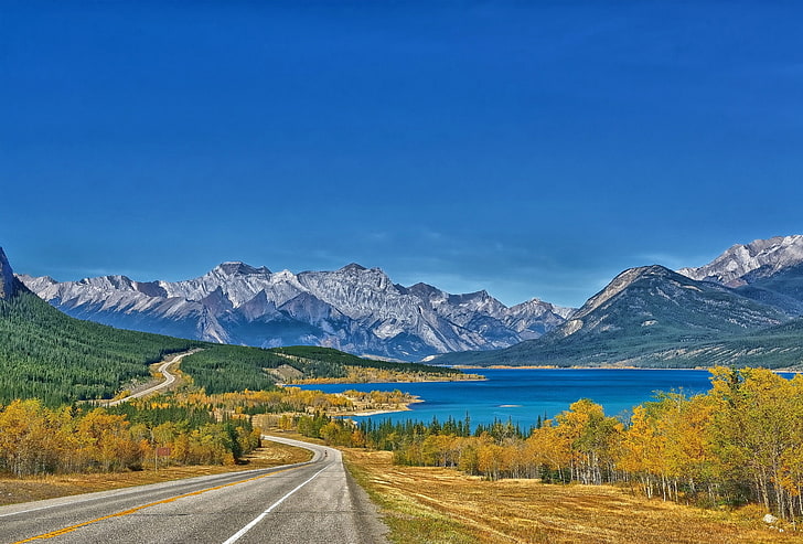 landscape, Abraham Lake, Canada, road, mountains, HD wallpaper