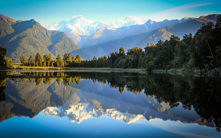 بحيرة أثناء النهار ، جبال ، نهر ، انعكاس ، طبيعة ، منظر طبيعي ، تصوير ، أشجار ، غابة ، نيوزيلندا، خلفية HD