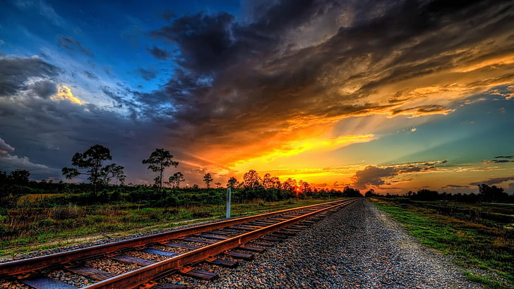 trilhos de trem, pôr do sol, horizonte, faixas, HD papel de parede