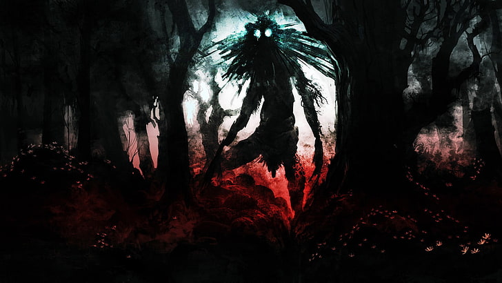 person in forest painting, Bloodborne, video games, warrior, black, artwork, creepy, Among the Sleep, creature, fantasy art, dark, trees, HD wallpaper