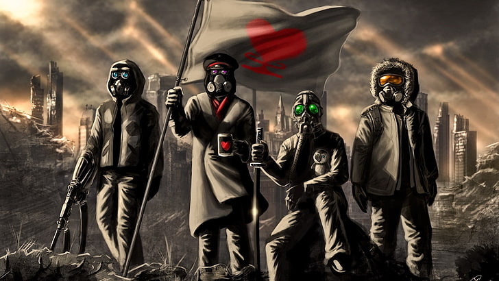 tapeta czterech żołnierzy trzymających flagę, maski gazowe, anime, Przeminęło z falą wybuchu, Romantically Apocalyptic, sztuka cyfrowa, apokaliptyczny, Tapety HD