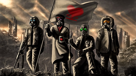 четыре солдата, держащие обои с флагами, противогазы, аниме, «Унесенные взрывной волной», романтически апокалипсис, цифровое искусство, апокалипсис, HD обои HD wallpaper