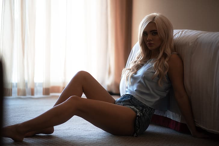 girl, shorts, blonde, legs, sitting, Masha, Andrey Firsov, HD wallpaper