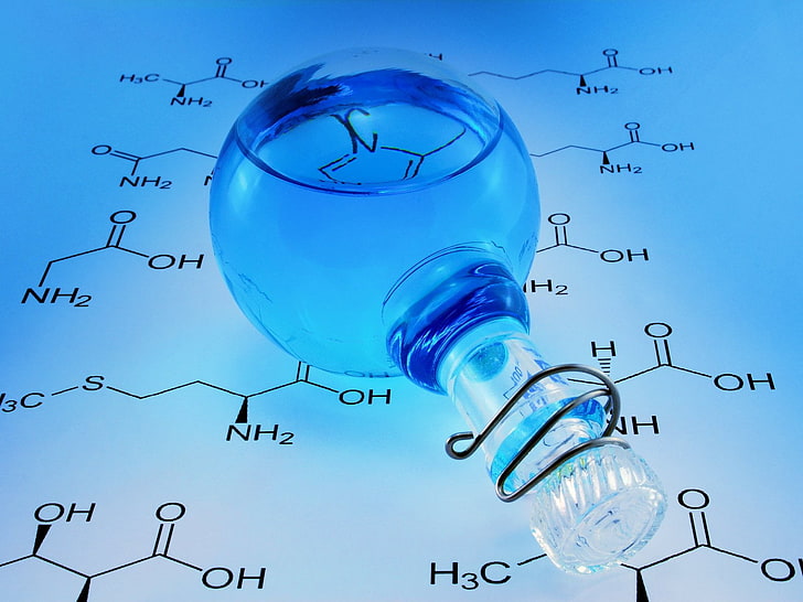 قنينة زجاجية شفافة زرقاء ، تكنولوجيا ، فيزياء وكيمياء ، زرقاء ، زجاجة ، كيمياء، خلفية HD