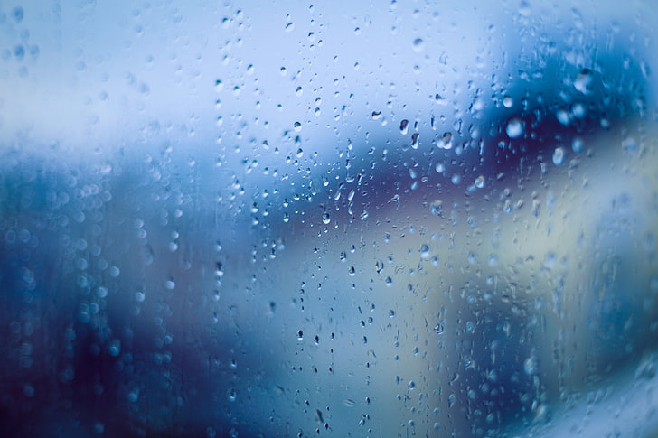 rain, window, clouds, water drops, blue, water on glass, HD wallpaper