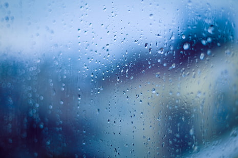 дождь, окно, облака, капли воды, синий, вода на стекле, HD обои HD wallpaper