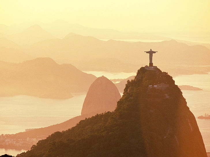 Christ Rédempteur, Rio de Janeiro, Brésil, soleil, montagnes, Fond d'écran HD