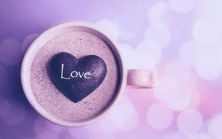 Mug Heart Love Bokeh, love text print heart shaped pebble, heart, love, bokeh, HD wallpaper
