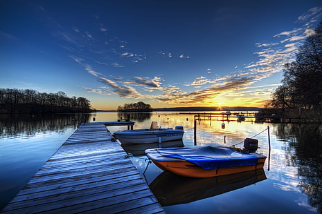 two orange and white motor boats beside brown wooden lake dock during golden hour, Strangnas, orange, white motor, motor boats, lake, dock, golden hour, sunrise  sunset, morning, boat, malaren, sodermanland, sweden, water, sea, baltic, canon  7d, natural, nature, hdr, high  dynamic  range, photomatix  pro, noiseware, professional, photoshop  cs3, cloud, perspective, spectacular, cool  blue, peaceful, day, sunset, reflection, outdoors, dusk, landscape, tranquil Scene, nautical Vessel, sky, scenics, pier, sunrise - Dawn, jetty, HD wallpaper HD wallpaper