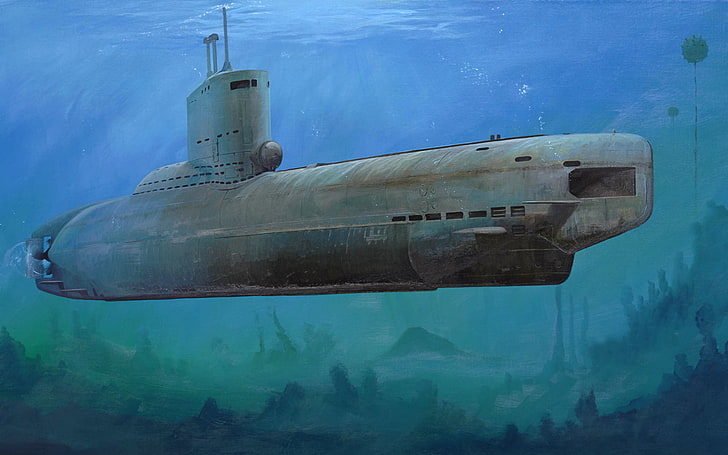 灰色の潜水艦、戦争、アート、絵画、ww2、潜水艦、UブートクラスXXIII、 HDデスクトップの壁紙