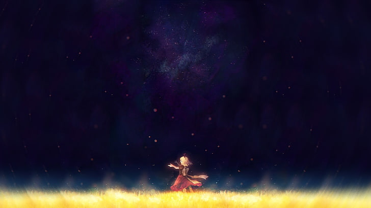 yellow haired anime, grass, stars, dress, HD wallpaper