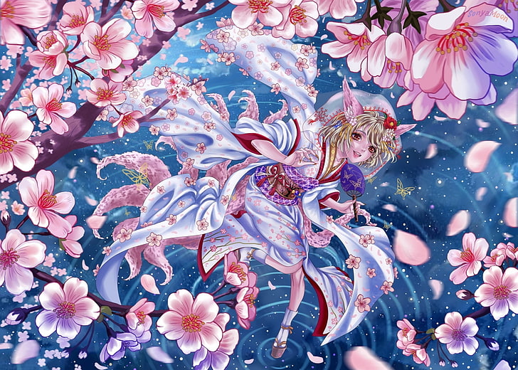 Anime girl, kimono, animal ears, cherry blossom, sakura, Anime, HD wallpaper  | Wallpaperbetter